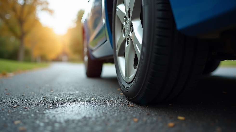 Eye-level view of a clean car tire and rim on a driveway
