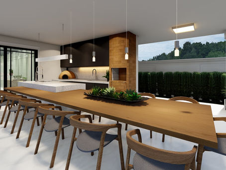 Área Gourmet com Iluminação Elegante e Bancada em Mármore