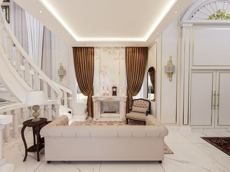 Sala com Cores Claras e Lareira em Mármore