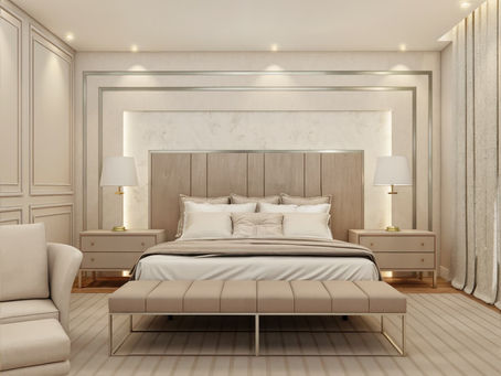 Suíte Neoclássica com Móveis Simétricos e Iluminação Dourada