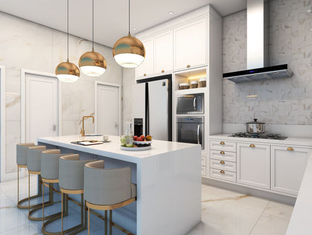 Cozinha Neoclássica com Acabamento em Mármore e Luminárias Douradas