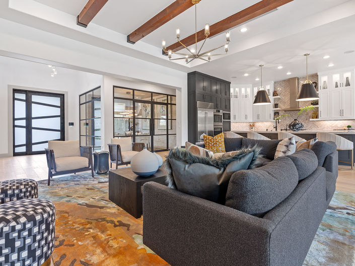 If you love a dramatic Modern Farmhouse Living Room Interior Design, you will adore this design by Davinci Interiors. One of Austin's Top 5 Interior Design Firms. Thayer Coggin, John-William Interiors