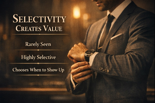 Man adjusting his watch in a tailored suit with text emphasizing selectivity, rarity, and intentional presence.