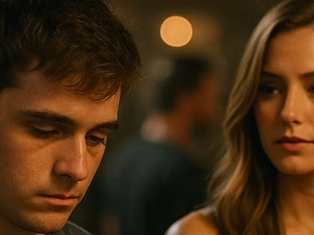 Young man looking down while a woman watches him in a softly lit social setting.