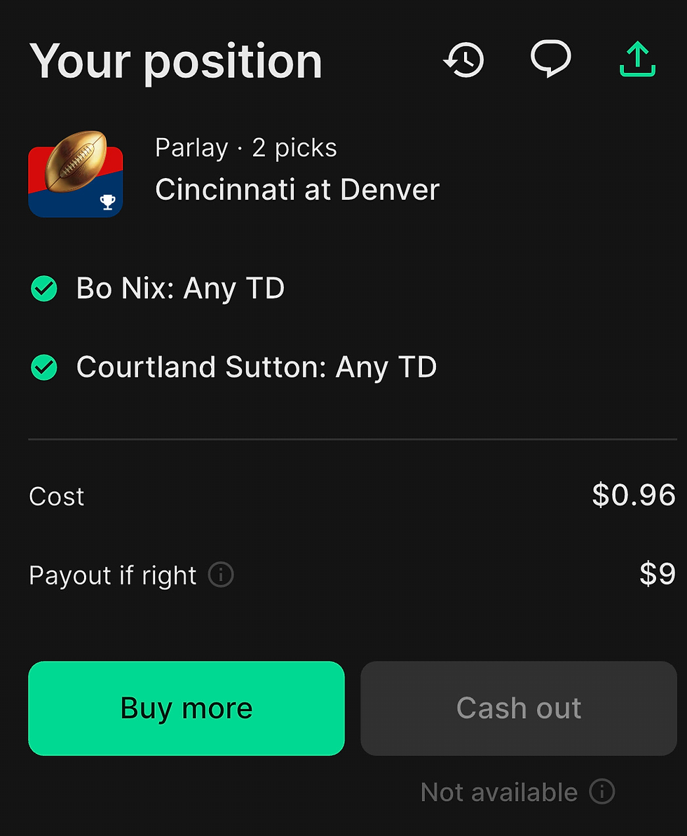 Sports betting app showing two-leg touchdown parlay with payout details