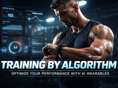 Muscular athlete using AI wearable smartwatch in gym with digital performance metrics display, illustrating HRV tracking, recovery scoring, and data-driven fitness optimization.