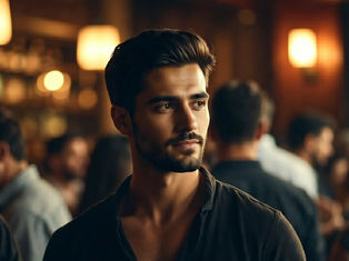 Stylish man standing in a dimly lit bar or lounge, wearing a dark open-collar shirt, looking off to the side with a calm, confident expression as people socialize in the background.