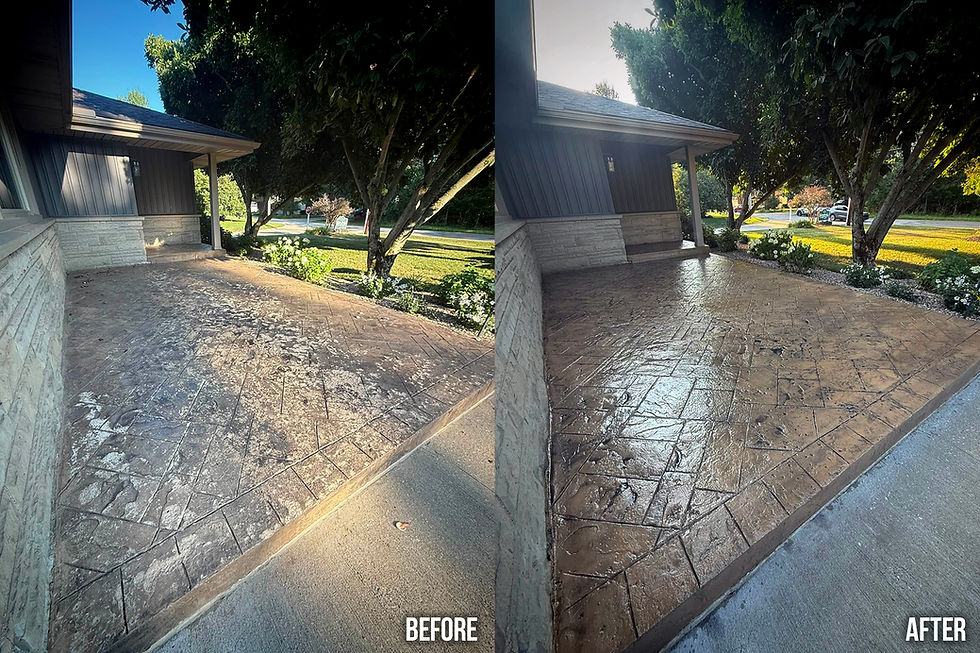 Before-and-after view of a stamped concrete driveway/patio beside a house and trees, showing a cleaner, glossier sealed surface after resealing.
