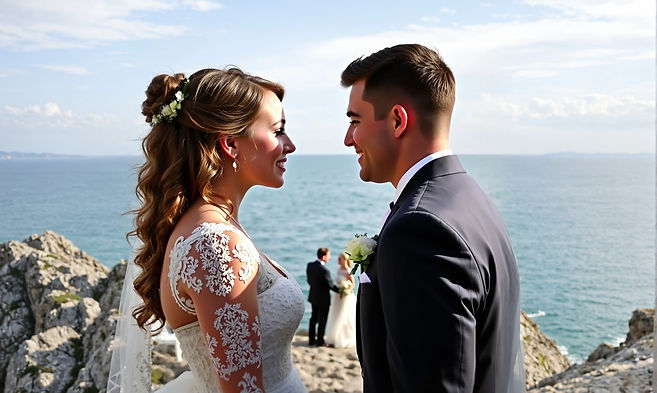 add two different weding couples facing its other and behind them is the sea okay now add 