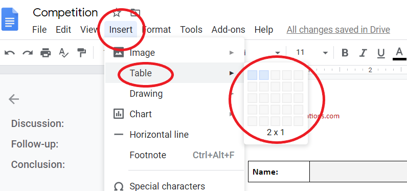 inserting a table in a Google doc
