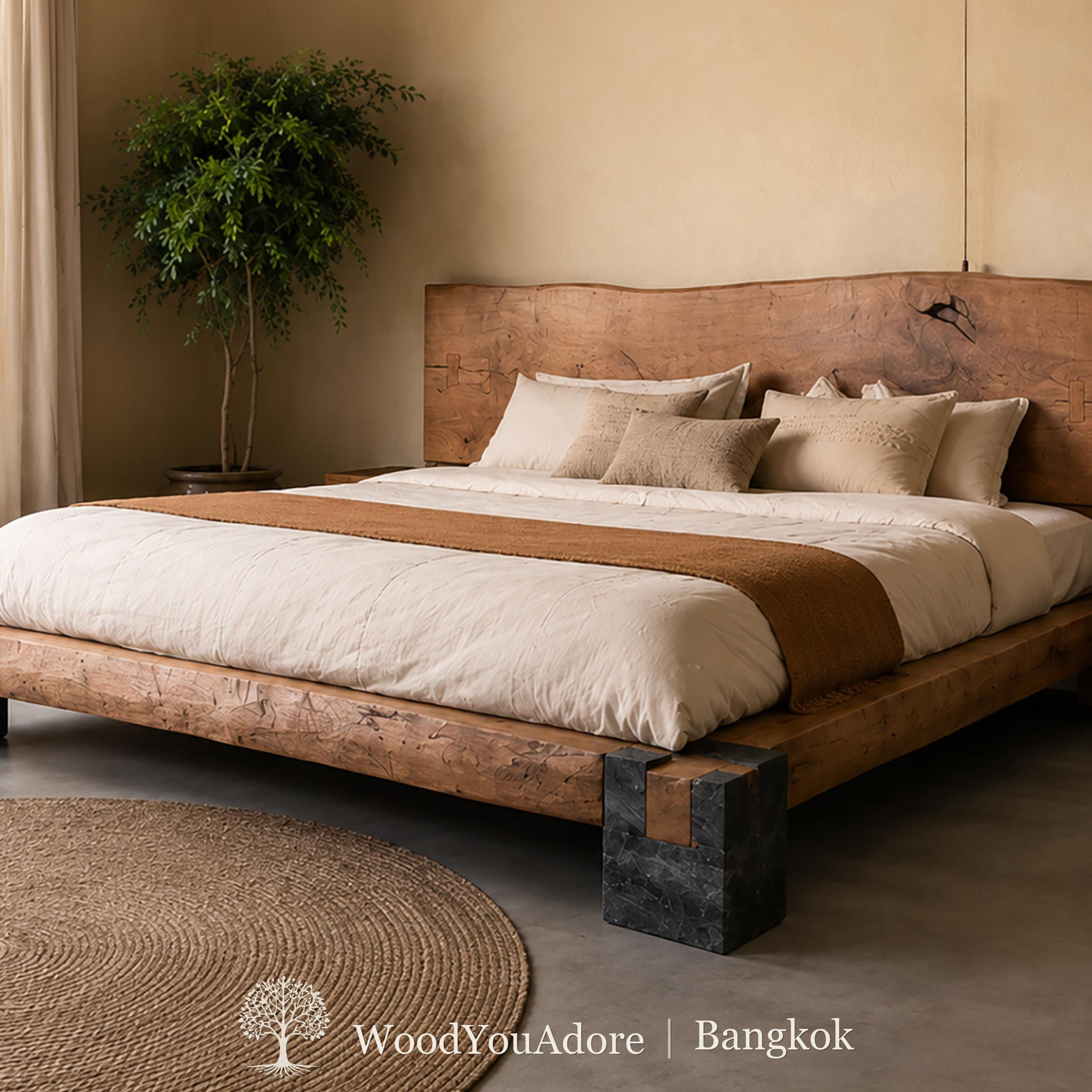 Solid Oak Bed Frame and Headboard "Bangkok", 100% Natural Live Edge, Avail Si...