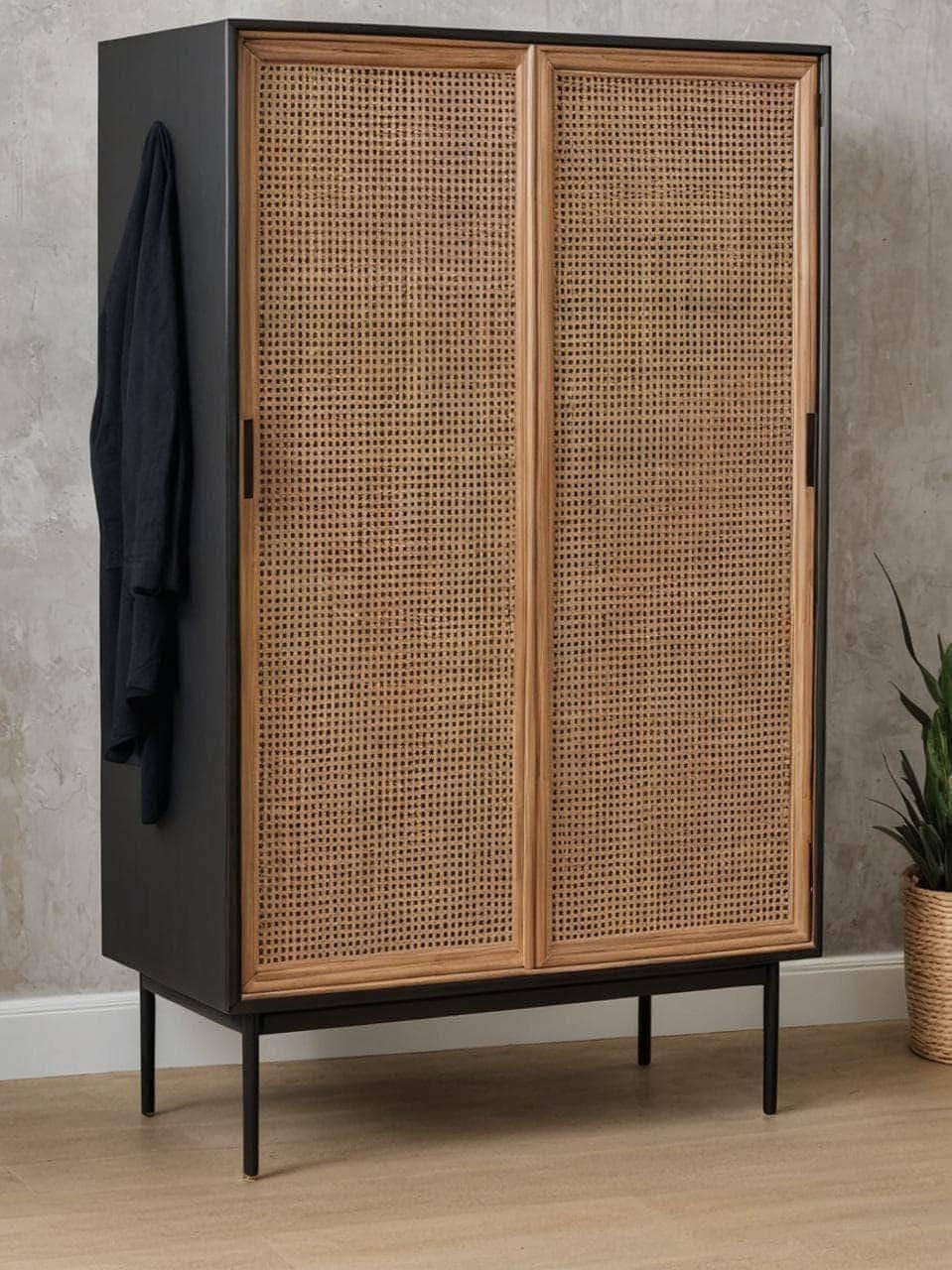 Thumbnail: Rattan oak wardrobe, modern 2-door wooden wardrobe, Nordic style
