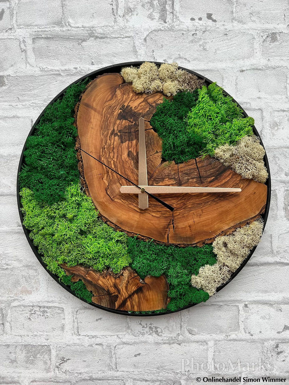 Thumbnail: Rustic Moss & Olive Wood Wall Clock with Metal Frame, Nature Inspired