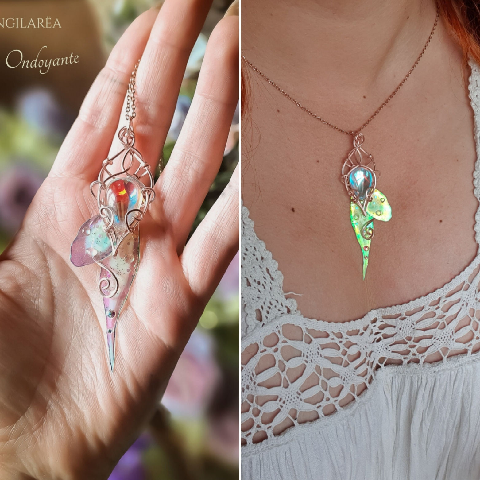 WINGILARËA -Quartz Aqua Aura, Fil Plq Or Rose, Ailes de Faerie