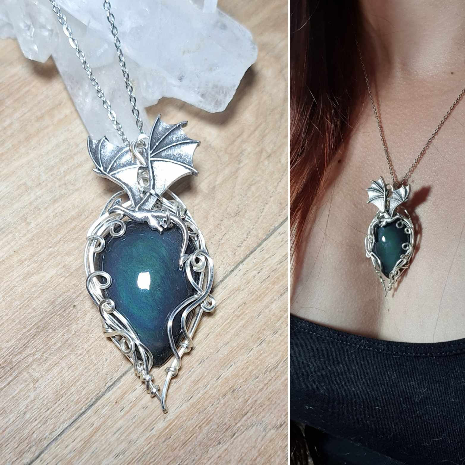MORNIA'LIN- Obsidienne Céleste Noire Naturelle reflets Vert,Fil plaqué Argent925