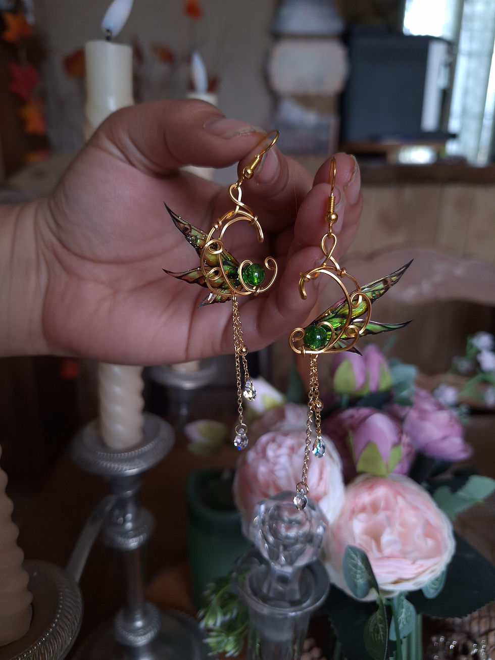 Miniature : SYLVARANESSË (Parure)  - Zircon Vert, Péridot, Fil Plq Or, Ailes de Faerie