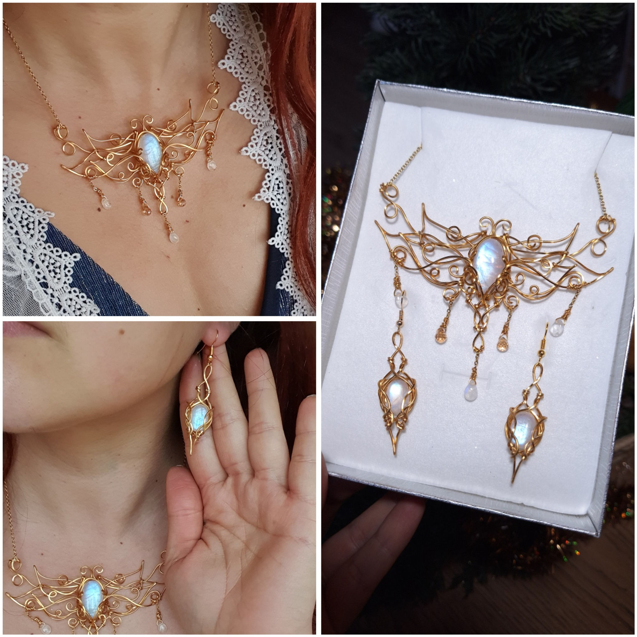 MIRIL'ELEN'MAIA - Pierres de Lune Arc-en-ciel Naturelles, Fil Plaqué Or Antique