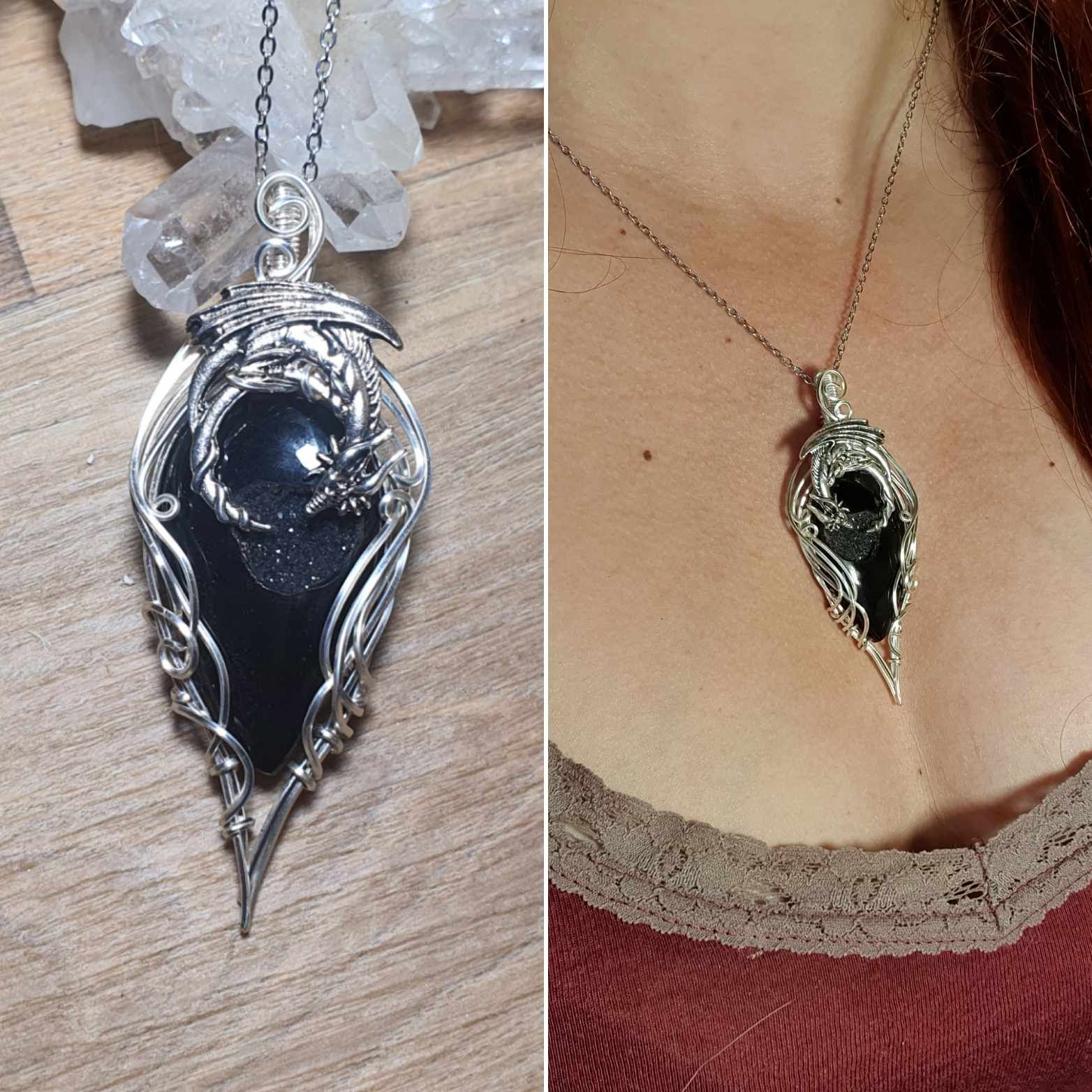LUMËL - Onyx Druzy Noir Naturel, Fil Plaqué Argent 925, Dragon Argent Sterling