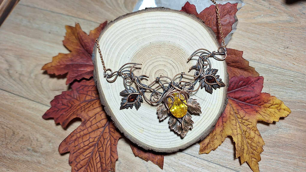 Miniature : ELDA'YAVIËL -Zircon Jaune et Grenats Multifacettés Naturels,Fil de Cuivre Patiné