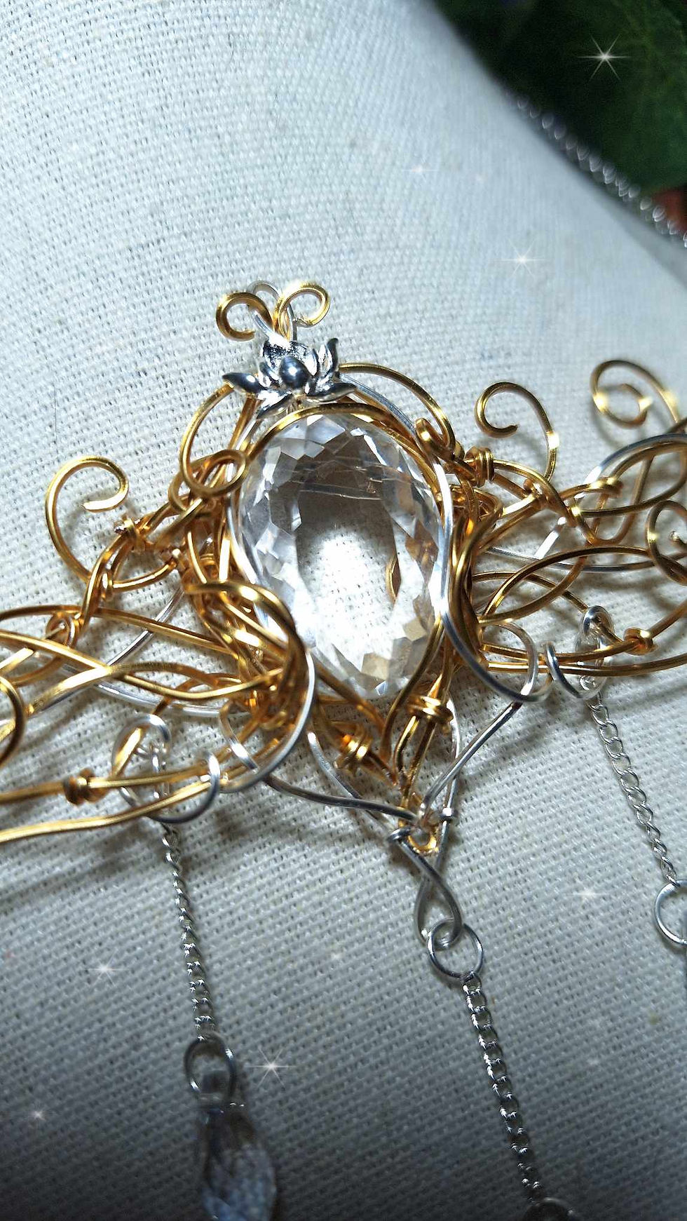 Miniature : ELEN'CINTIR- Cristal de Roche Naturel AAAA++, Filplaqué Or Antique et Argent 925