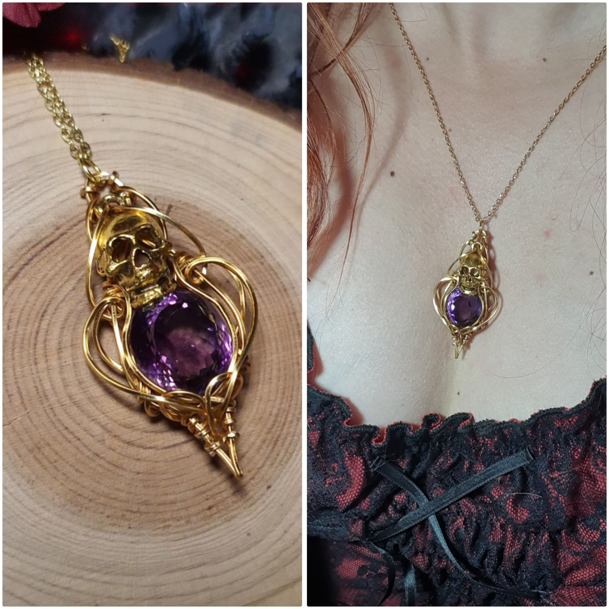 AMARTHIËL - Améthyste Multifacettée AAAA++, Fil Plaqué Or Antique