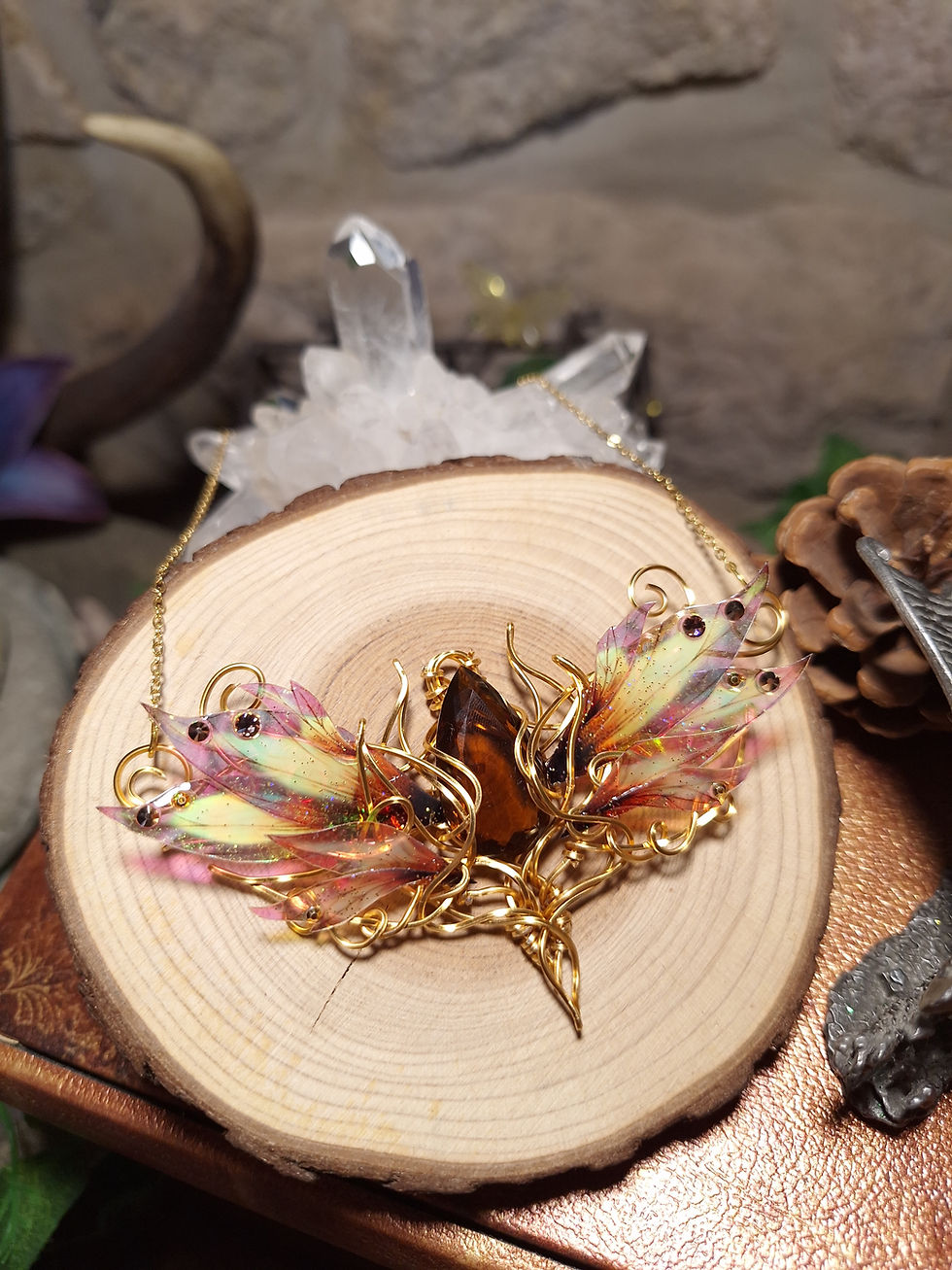 Miniature : WEN'NARËO- Quartz Bière AAAA++ Multifacetté, Fil Plq Or, Ailes de Faerie