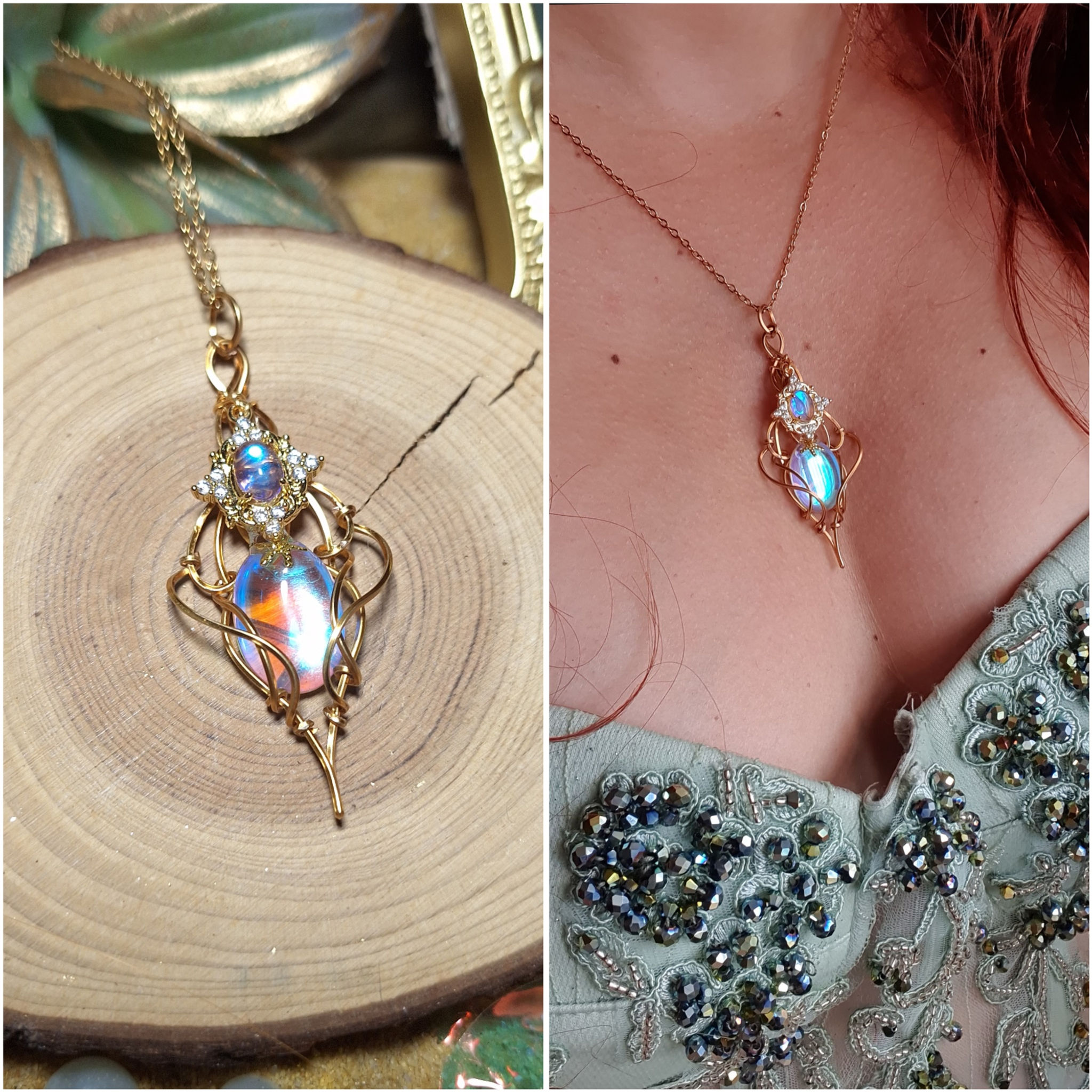 CALIANËN - Quartz Aqua Aura, Fil Plaqué Or Antique