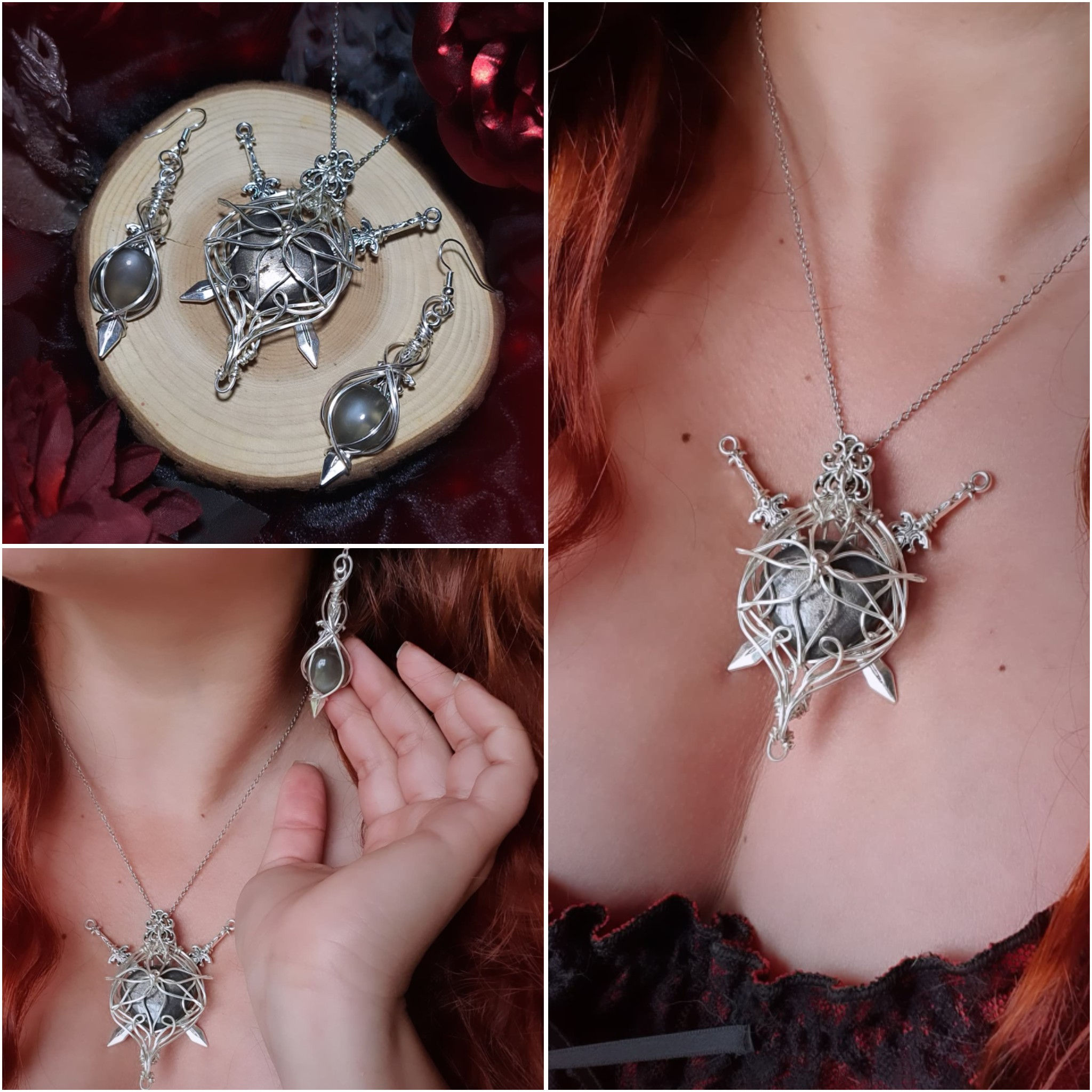 MORNIËL'ELENIA - Pierres de Soleil Noires Naturelles, Fil Plaqué Argent 925