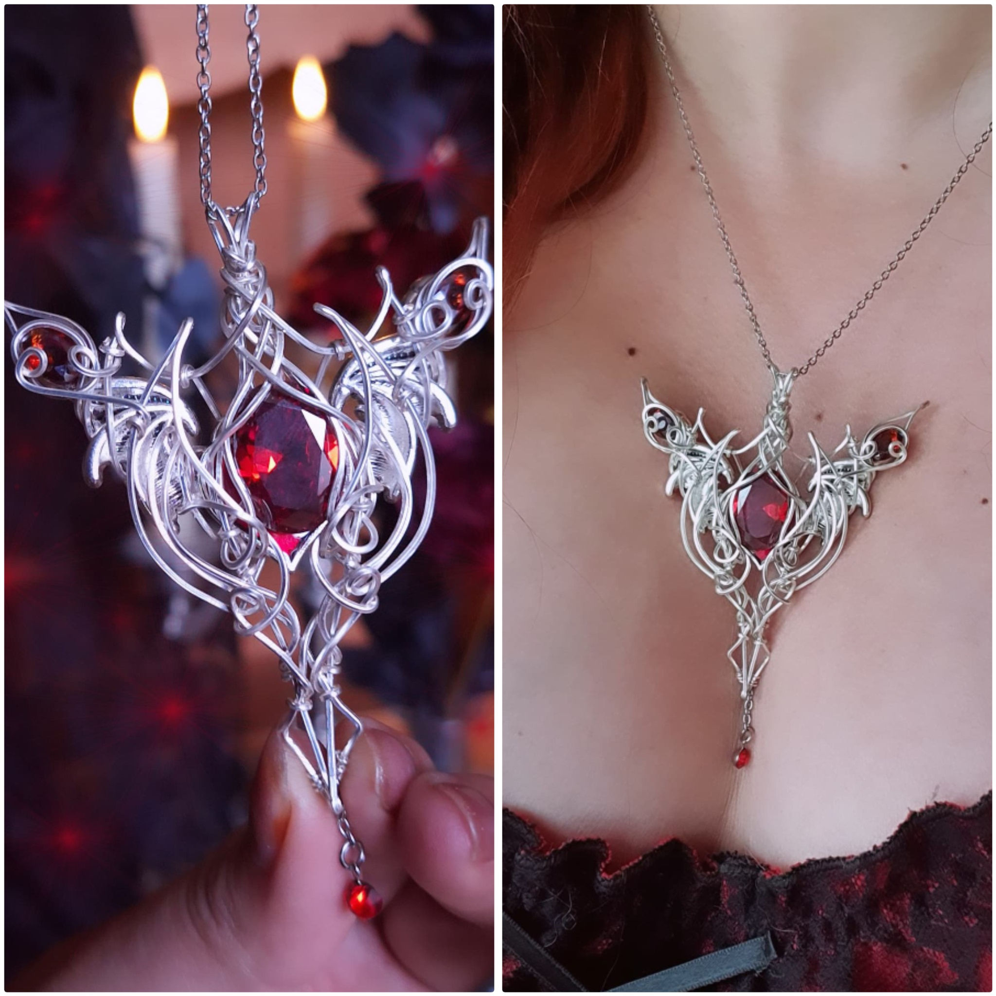 SERCË'VAETH - Zircon Rouge Multifacetté, Grenats Naturels, Fil Plaqué Argent 925