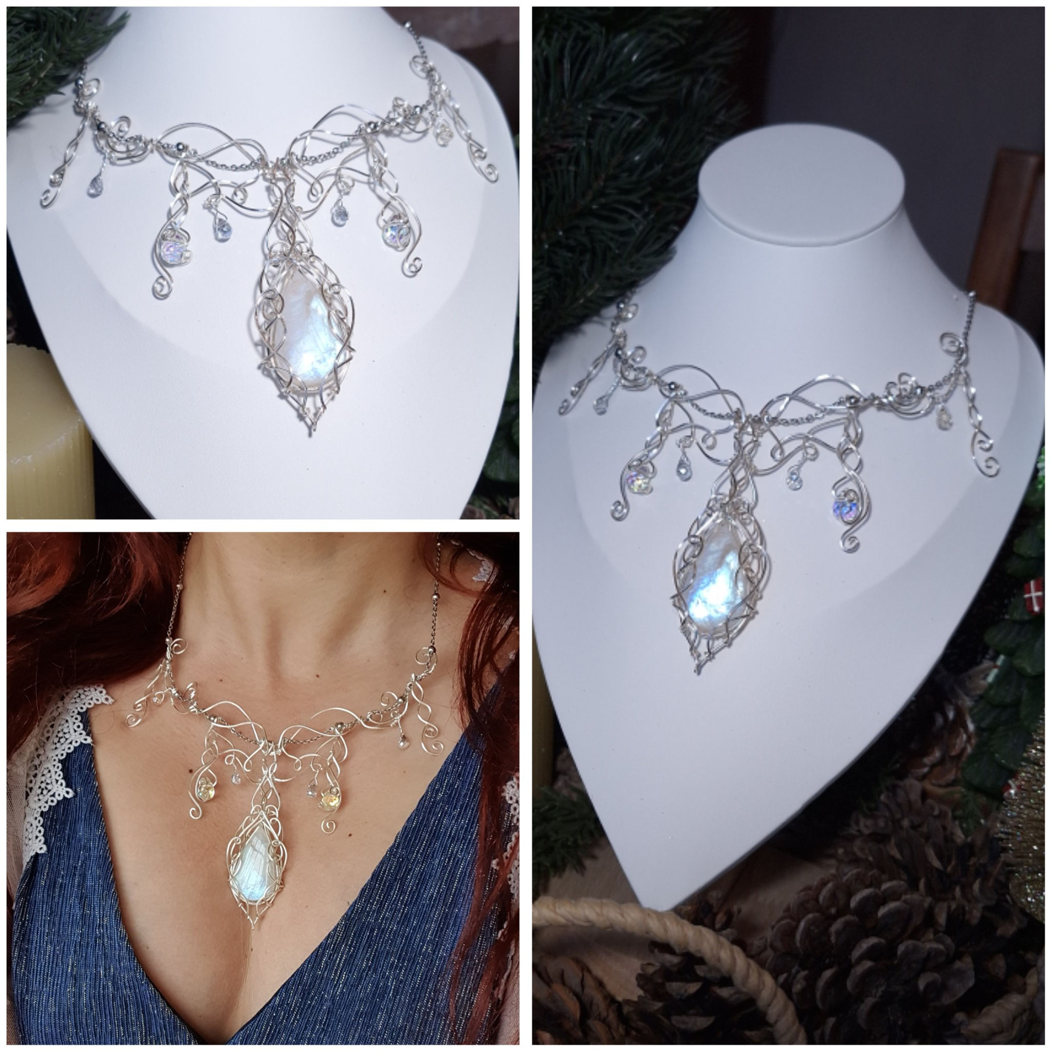 INRINAËL - Pierre de Lune Arc-en-ciel Naturelle, Fil Plaqué Argent 925