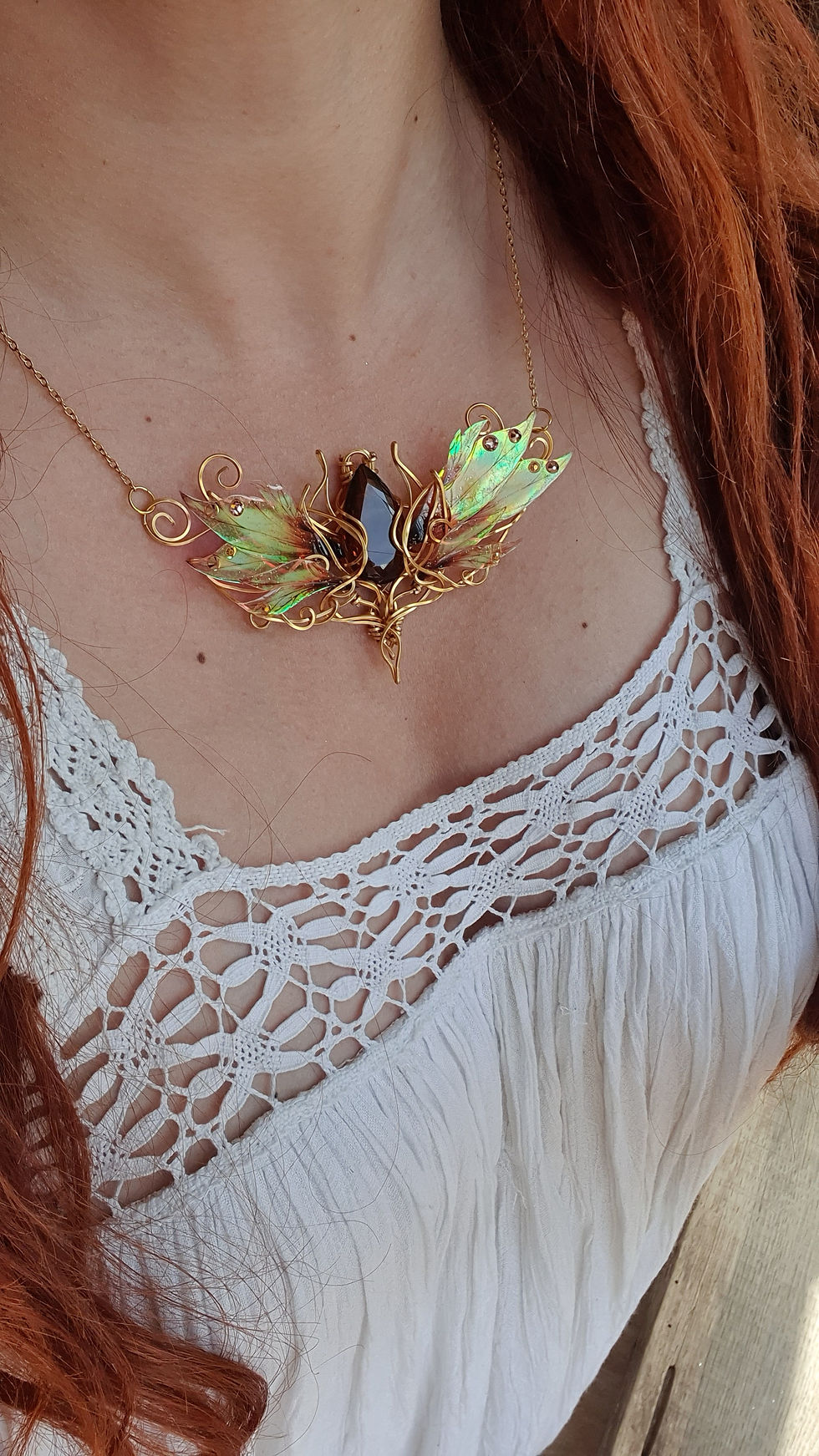 Miniature : WEN'NARËO- Quartz Bière AAAA++ Multifacetté, Fil Plq Or, Ailes de Faerie