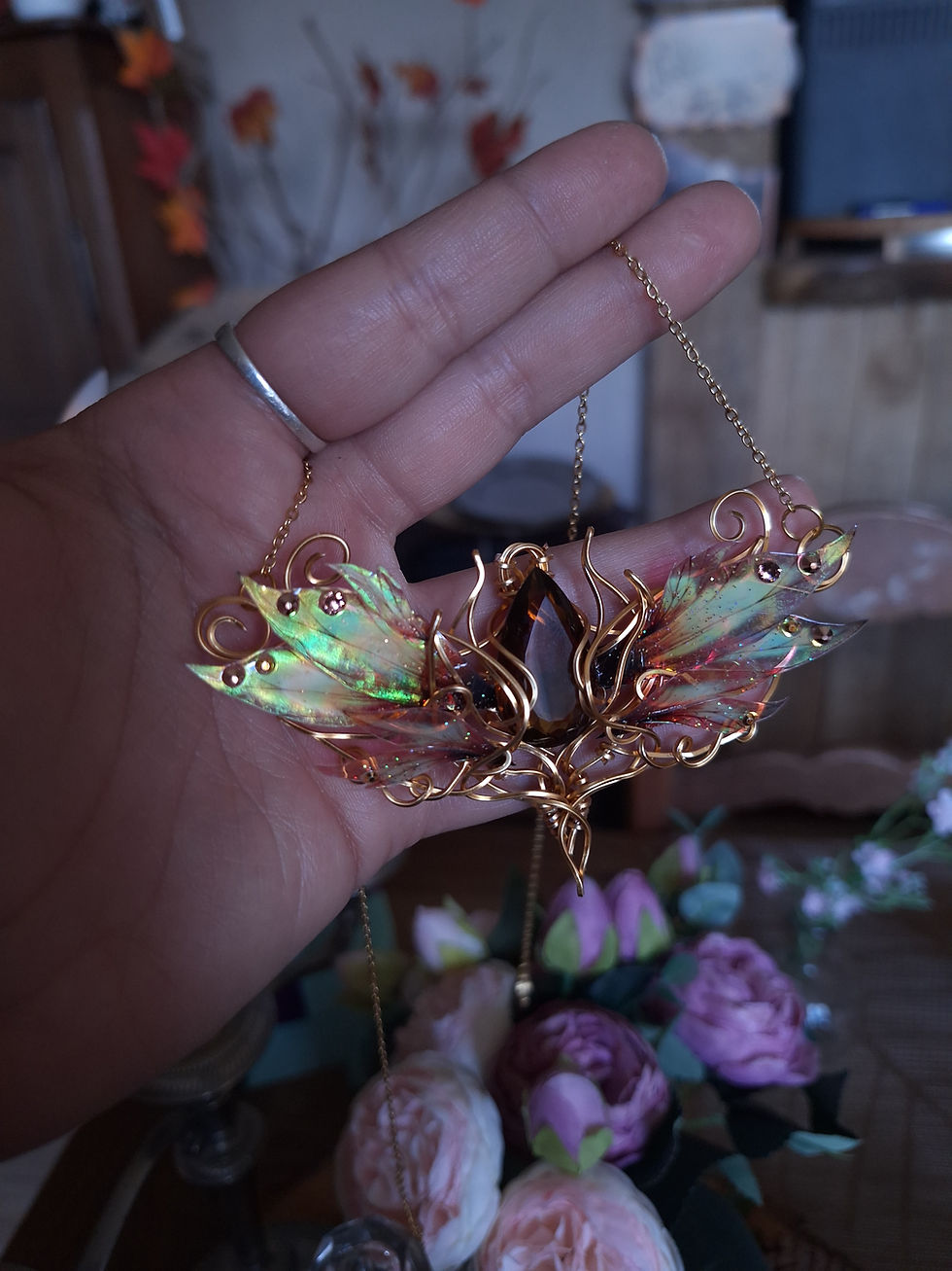 Miniature : WEN'NARËO- Quartz Bière AAAA++ Multifacetté, Fil Plq Or, Ailes de Faerie