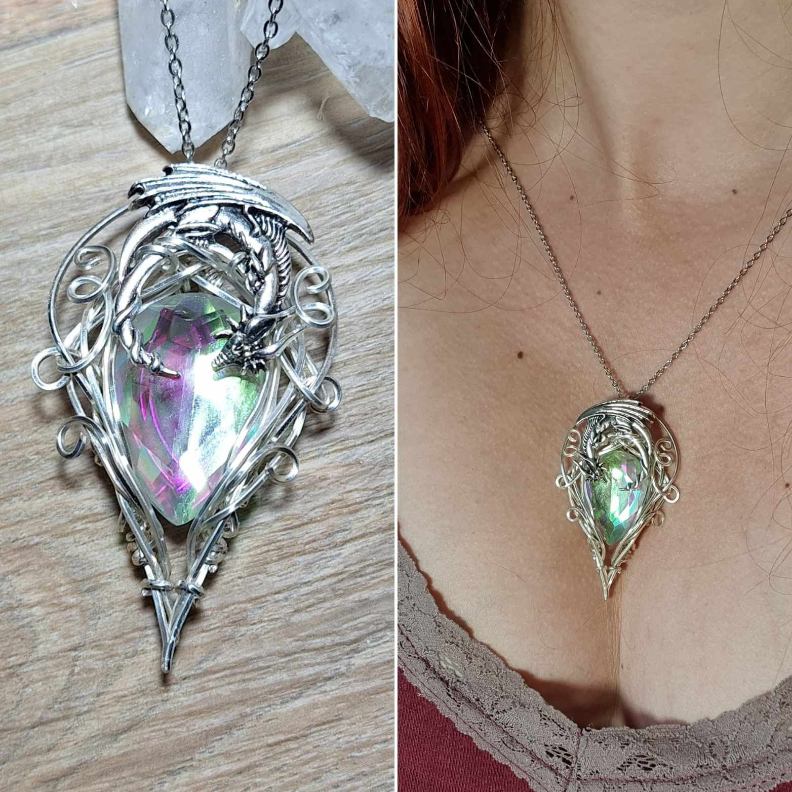 MARILIEL- Quartz Angel Aura Multifacetté, Fil Plaqué Argent 925, Dragon Argent