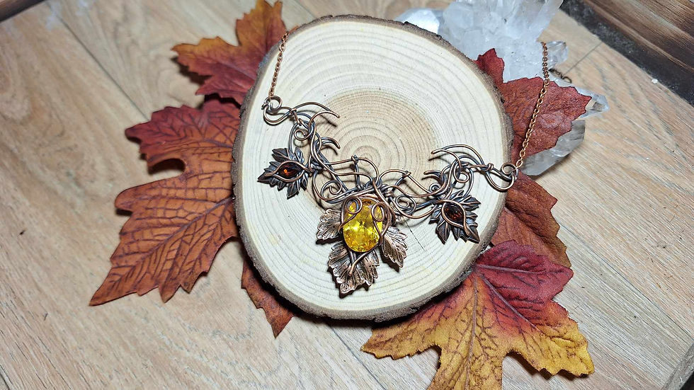 Miniature : ELDA'YAVIËL -Zircon Jaune et Grenats Multifacettés Naturels,Fil de Cuivre Patiné