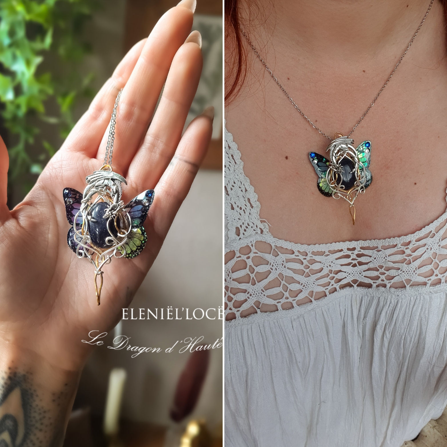 ELENIEL'LOCË - Pierre de Sable Noire, Fil Plq Or et Argent, Ailes de Faerie