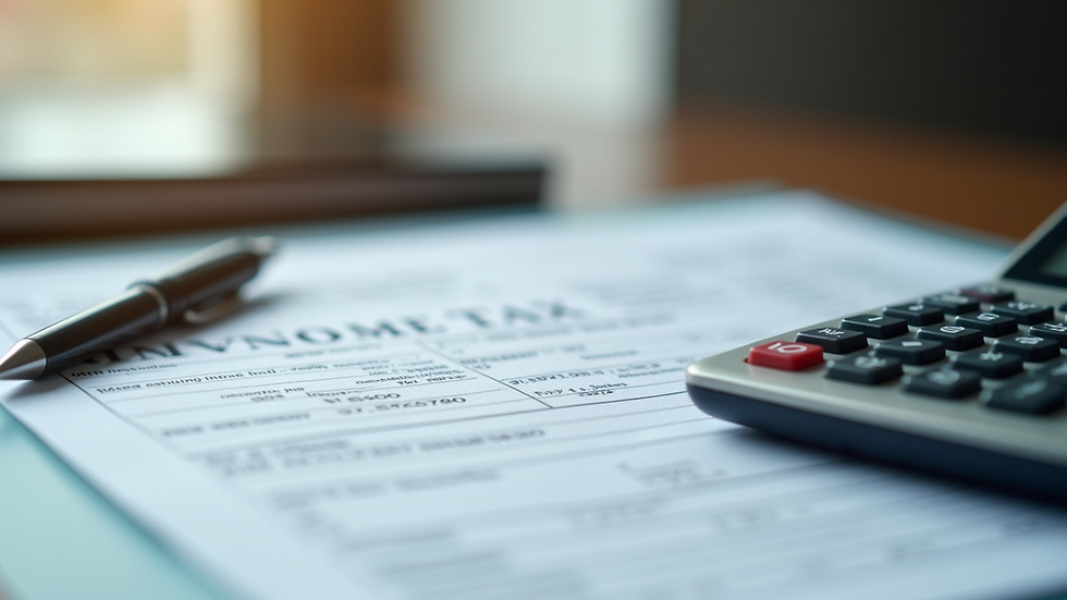 Close-up view of income tax documents and calculator on desk