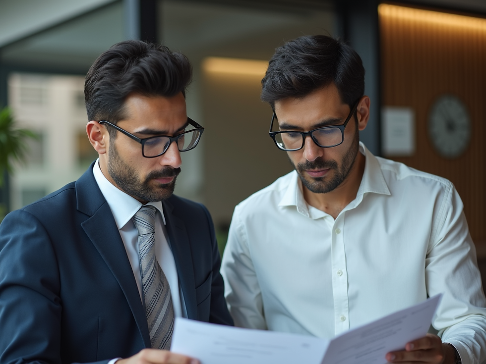Business professionals in Ahmedabad reviewing financial documents with a focused demeanor.