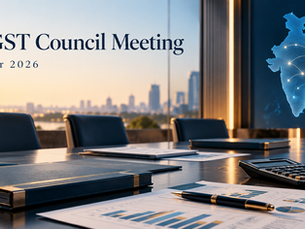 57th GST Council Meeting, 8 October 2026: editorial conference-room illustration with policy documents and a calculator
