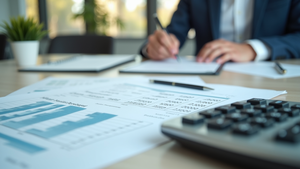 Close-up view of financial documents and calculator on office desk