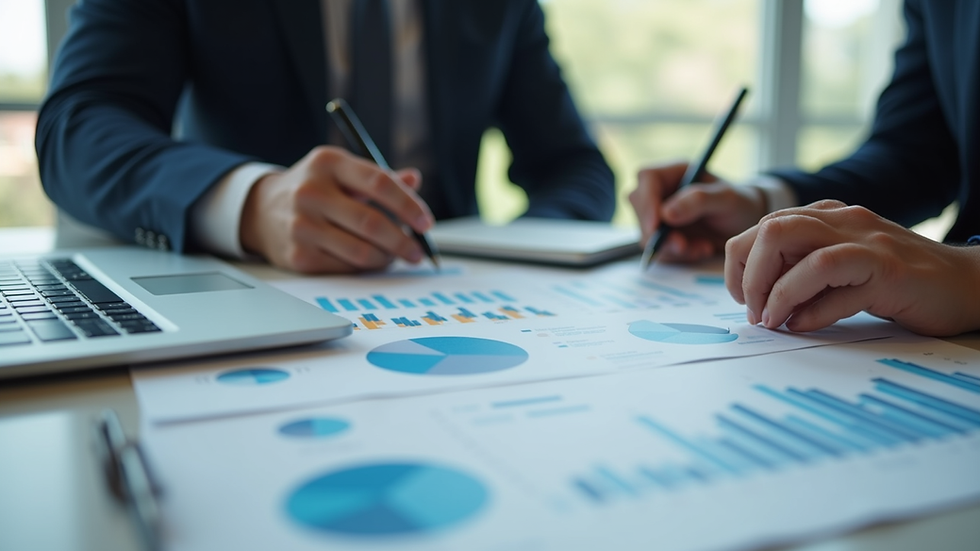 Close-up view of a business consultant presenting financial charts to a client