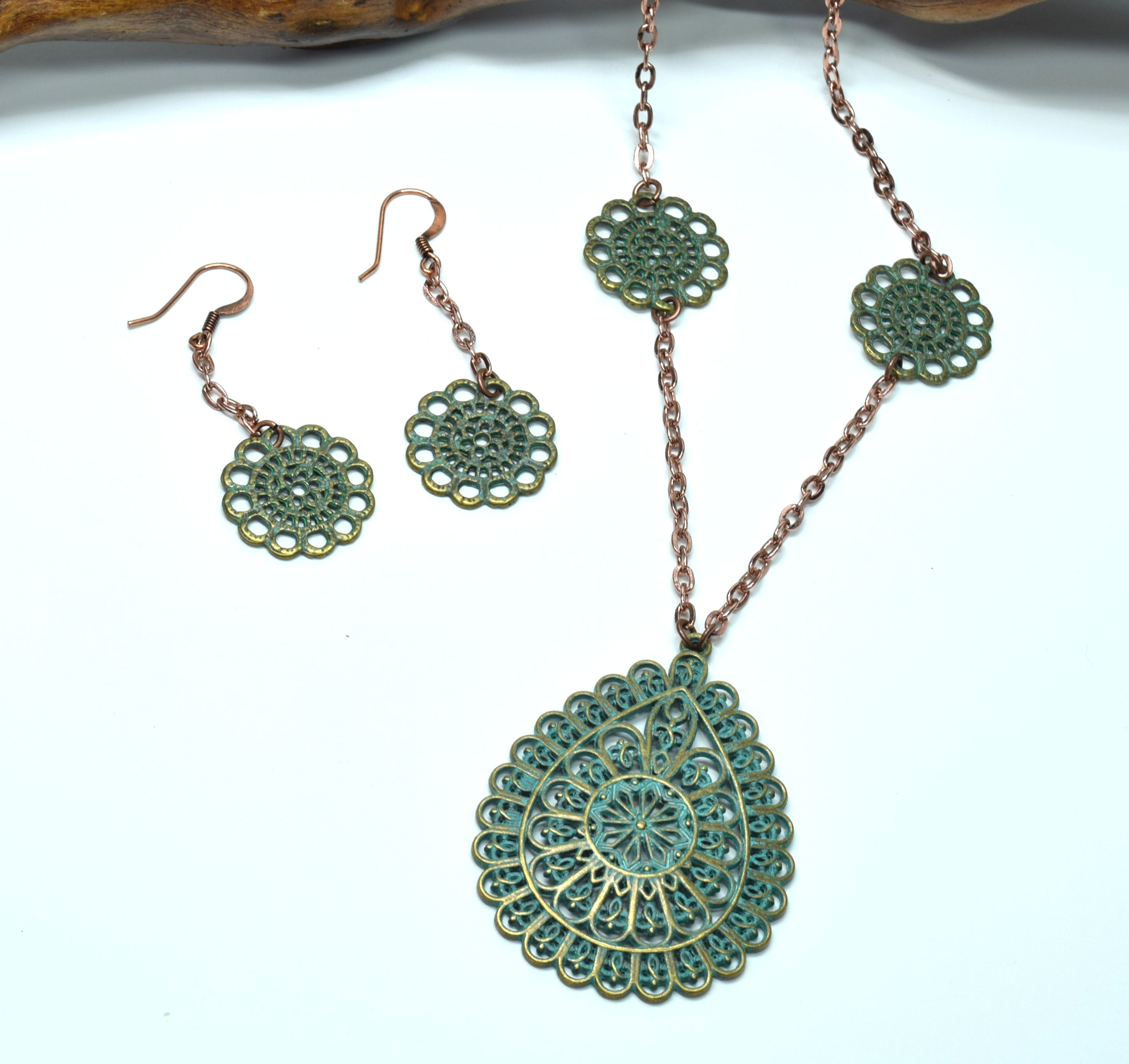 Lacy Doily Patina Necklace & Earring Set