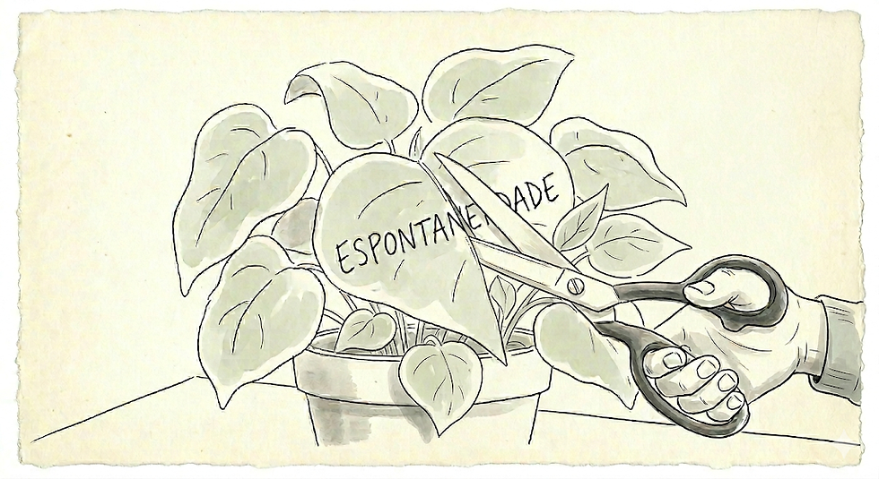 Mão segurando tesoura corta folha de planta com a palavra "ESPONTANEIDADE". Fundo bege, desenho em tom monocromático, tom crítico.