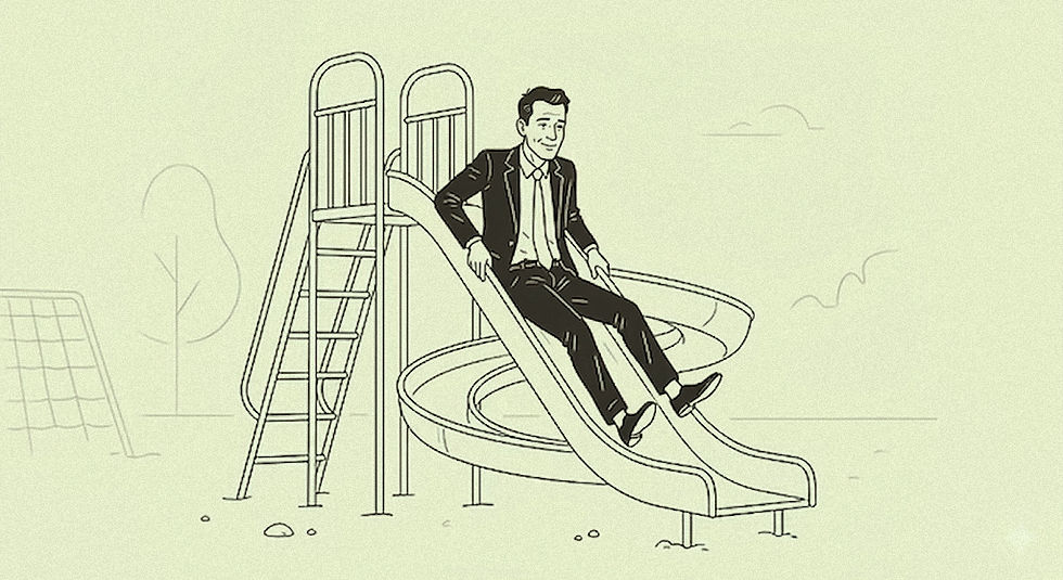 Homem de terno escorrega em um escorregador em parque infantil. O fundo tem árvores e um céu claro. Expressão de alegria. Ilustração.