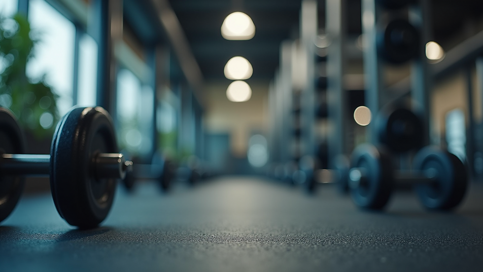 Close-up view of a neatly arranged gym with workout gear