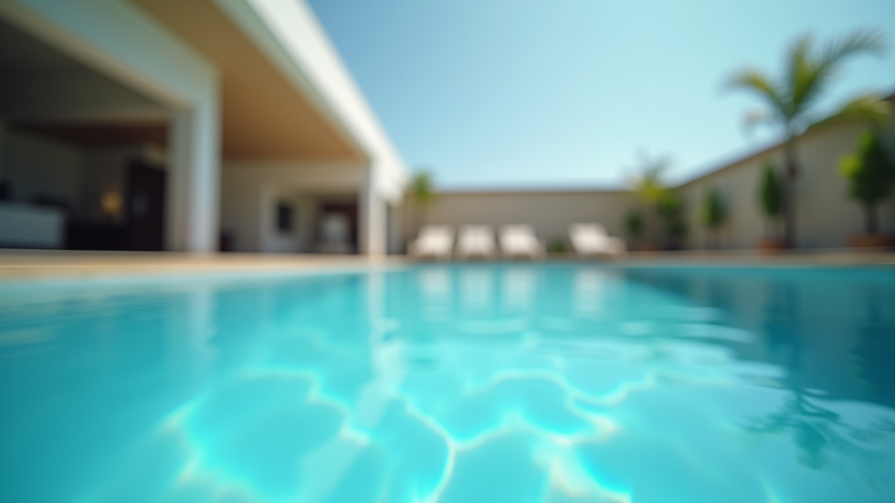 Eye-level view of a swimming pool with clear blue water