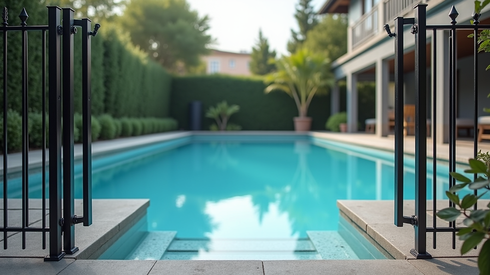 Eye-level view of a pool fence with a self-closing gate