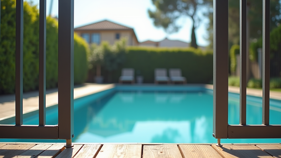 Eye-level view of a pool fence with a self-closing gate