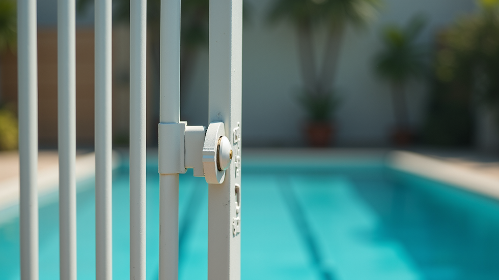 Close-up view of a pool gate with a safety lock