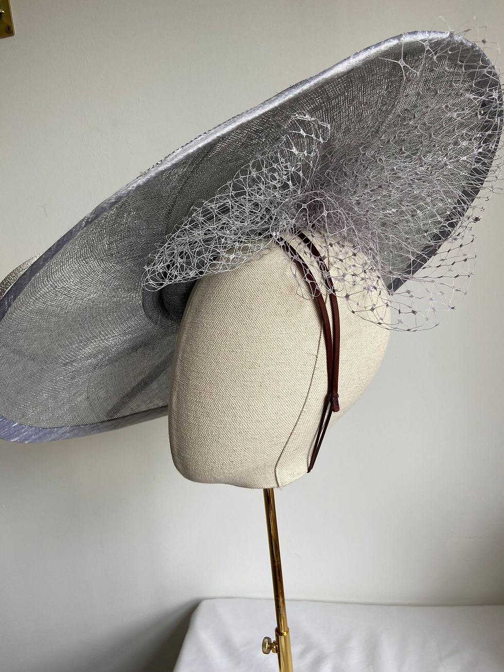 Thumbnail: Silver wide brim hat embellished with diamante, loops & veiling