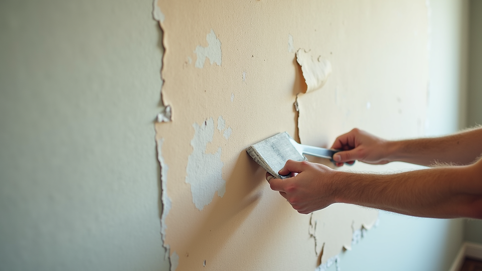 Close-up view of a wall being stripped of wallpaper